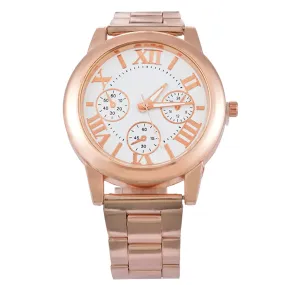 Doreen Box Steel Women Quartz Wrist Watch Rose Gold Color Roman Numerals Three-eyes Battery Included 22cm(8 5/8") long, 1 Piece