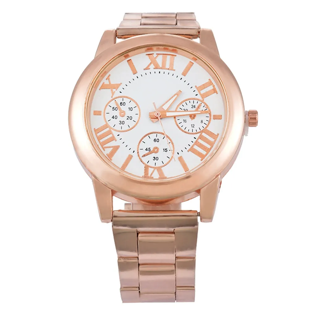 Doreen Box Steel Women Quartz Wrist Watch Rose Gold Color Roman Numerals Three-eyes Battery Included 22cm(8 5/8") long, 1 Piece