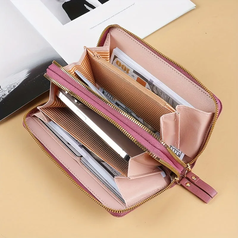 Double Layer Zipper Long Wallet, Fashion Clutch Bag, Women Wristlet Coin Purse, Mobile Phone Bag With Multi Card Slots