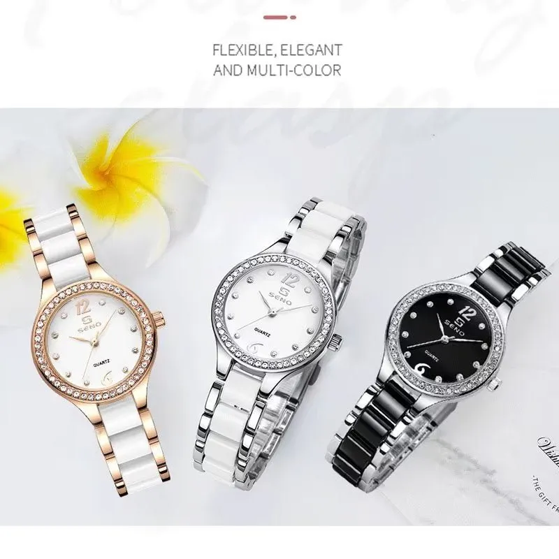 Elegant Ceramic Waterproof Watch with Diamond Accents