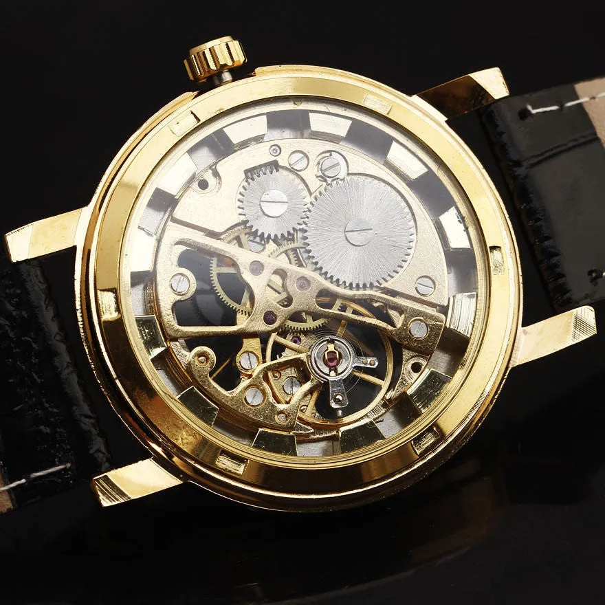 Fashion Men Mechanical Hand-Wind Skeleton Dial Genuine Leather Strap Wrist Watch Classic Style