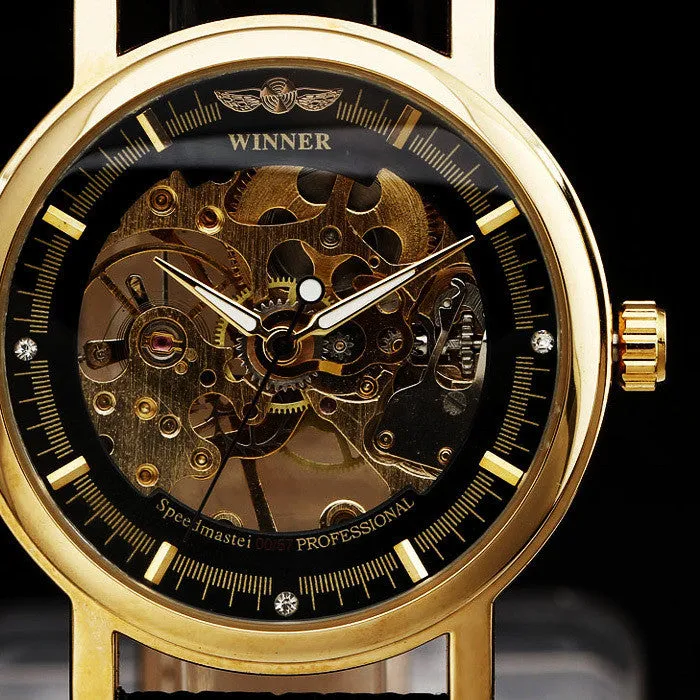 Fashion Men Mechanical Hand-Wind Skeleton Dial Genuine Leather Strap Wrist Watch Classic Style