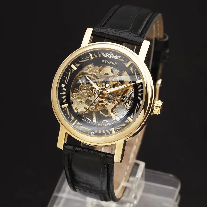 Fashion Men Mechanical Hand-Wind Skeleton Dial Genuine Leather Strap Wrist Watch Classic Style