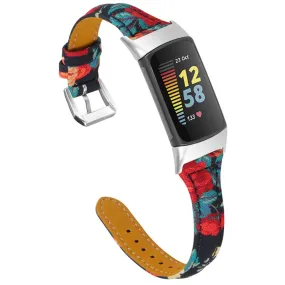 Fitbit Charge 5 floral print genuine leather watch strap - Scarlet Flowers