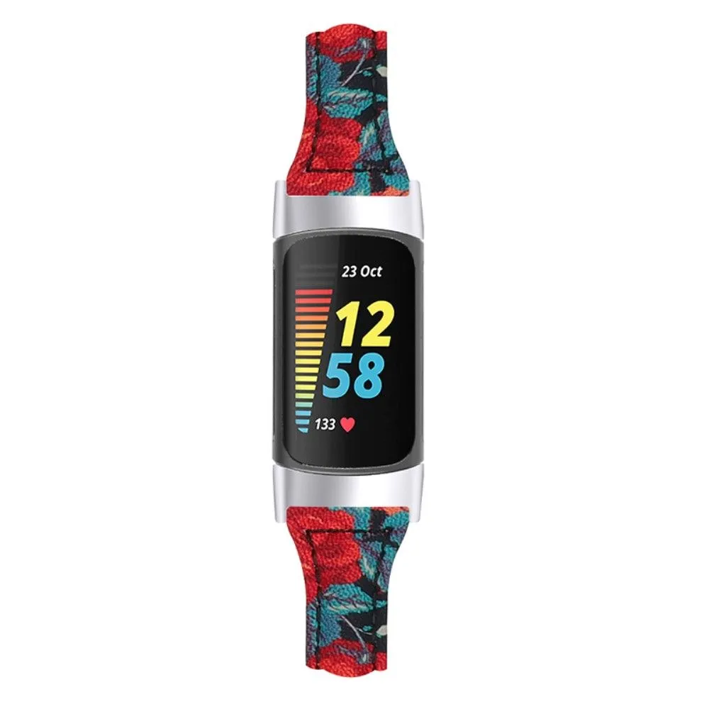 Fitbit Charge 5 floral print genuine leather watch strap - Scarlet Flowers