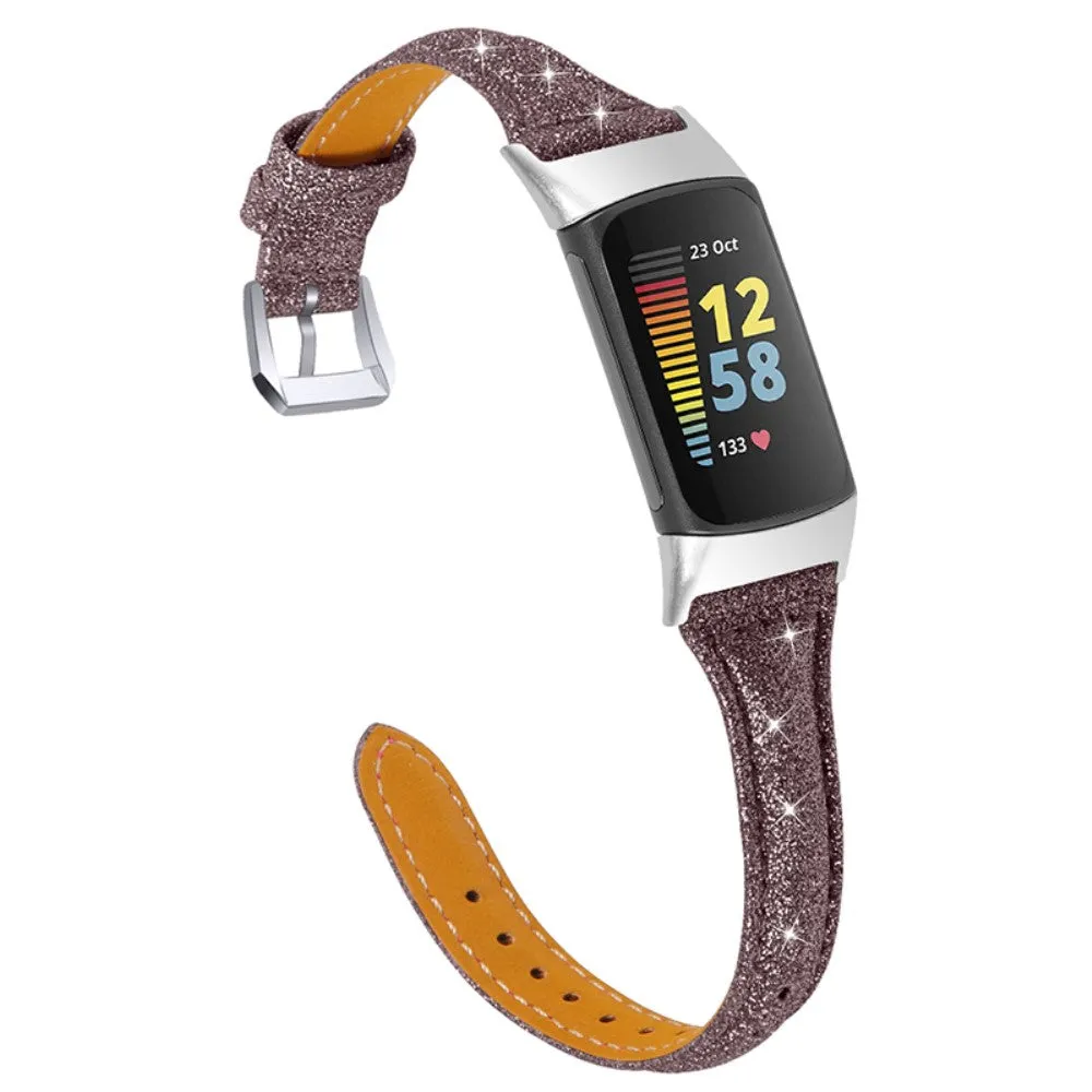 Fitbit Charge 5 slim genuine leather watch strap - Glittery Coffee