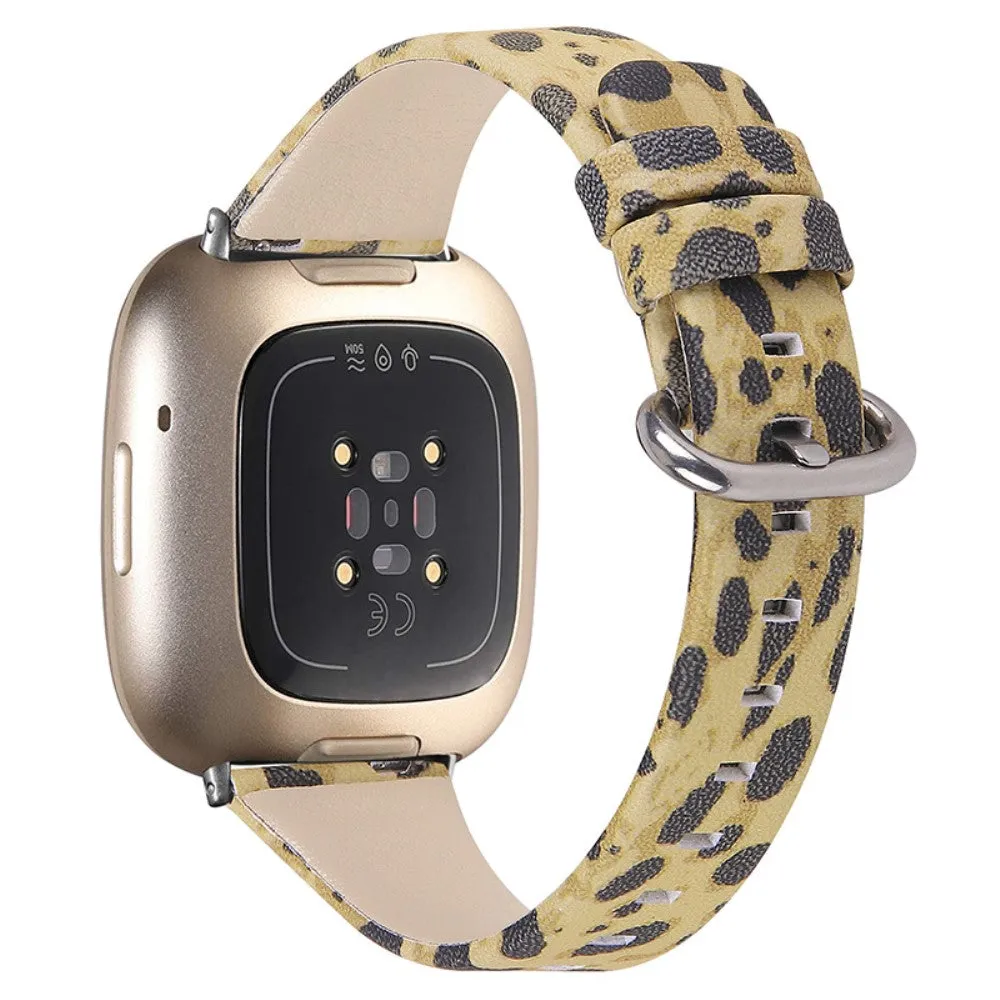 Fitbit Sense / Versa 3 leopard texture genuine leather watch strap - Army Green