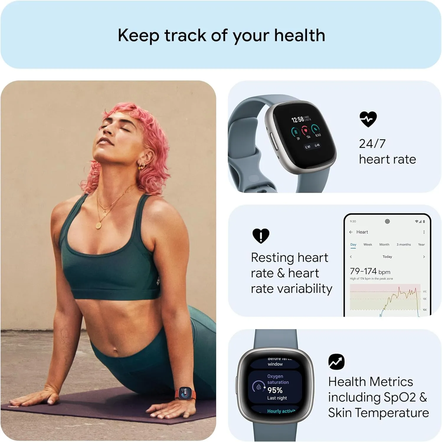 Fitbit Versa 4 Smart Watch - Waterfall Blue/Platinum