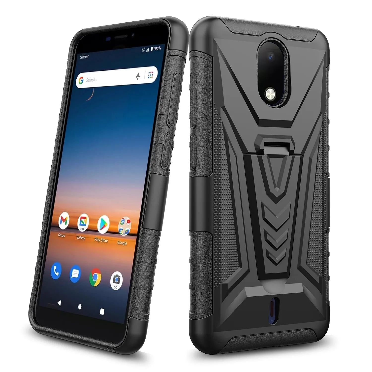 For Cricket Debut Case with Tempered Glass Screen Protector Heavy Duty Protective Phone Case,Built-in Kickstand Rugged Shockproof Protective Phone Case - Black