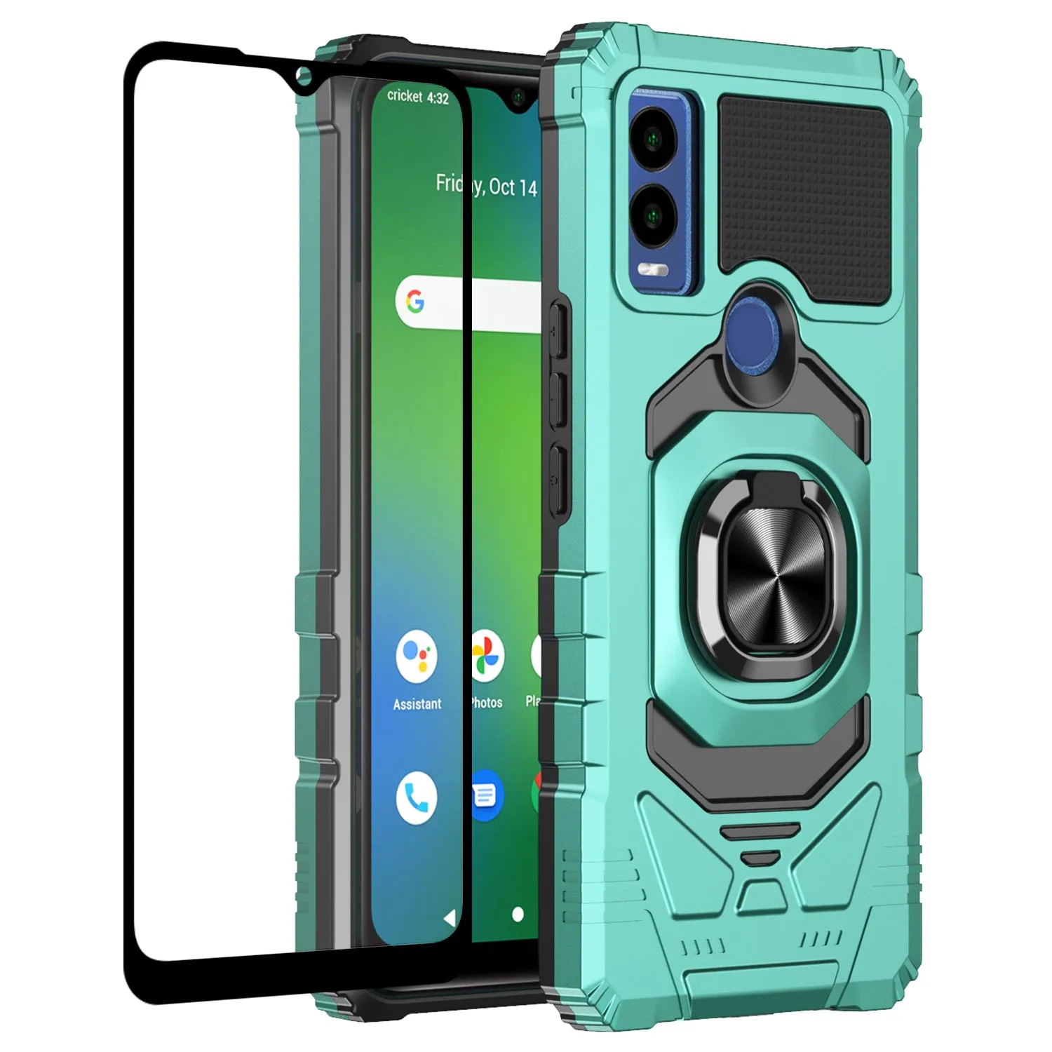 For Cricket Innovate E 5G Case [Military Grade] Ring Car Mount Kickstand w/[Tempered Glass] Hybrid Hard PC Soft TPU Shockproof Protective Case - Teal