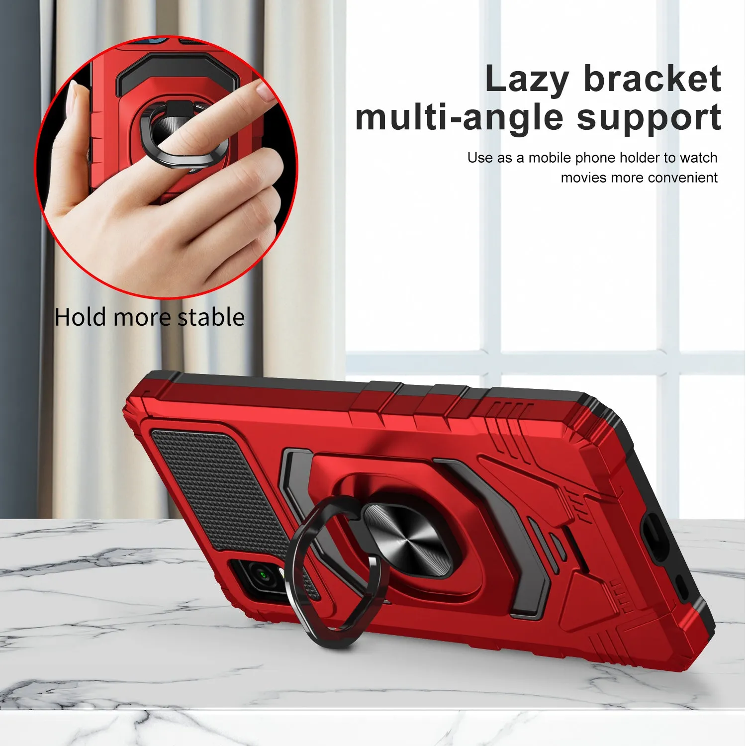 For Cricket Vision Plus Case [Military Grade] Ring Car Mount Kickstand w/[Tempered Glass] Hybrid Hard PC Soft TPU Shockproof Protective Case - Red