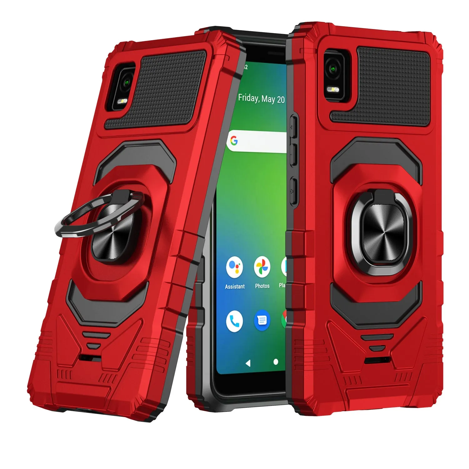 For Cricket Vision Plus Case [Military Grade] Ring Car Mount Kickstand w/[Tempered Glass] Hybrid Hard PC Soft TPU Shockproof Protective Case - Red