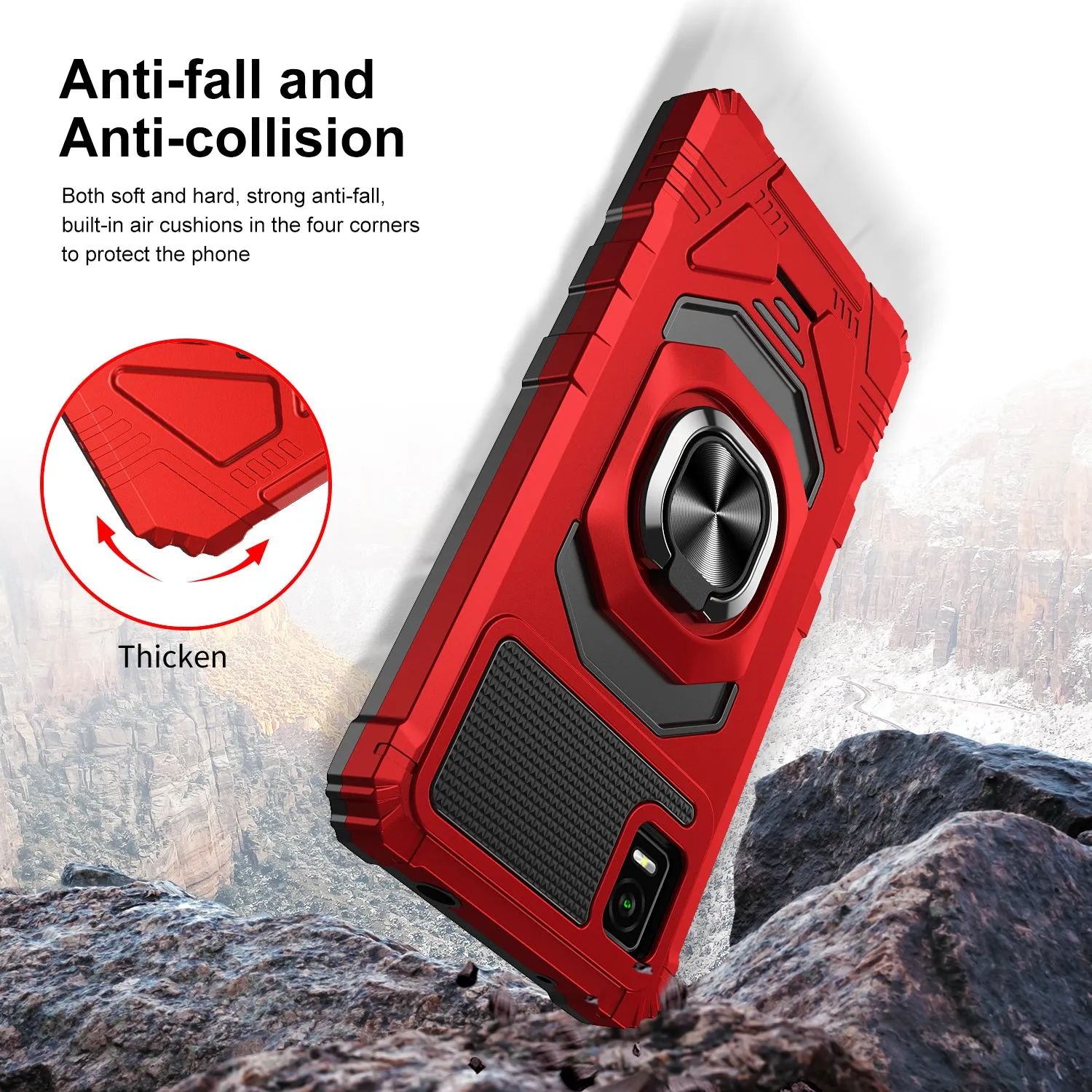 For Cricket Vision Plus Case [Military Grade] Ring Car Mount Kickstand w/[Tempered Glass] Hybrid Hard PC Soft TPU Shockproof Protective Case - Red