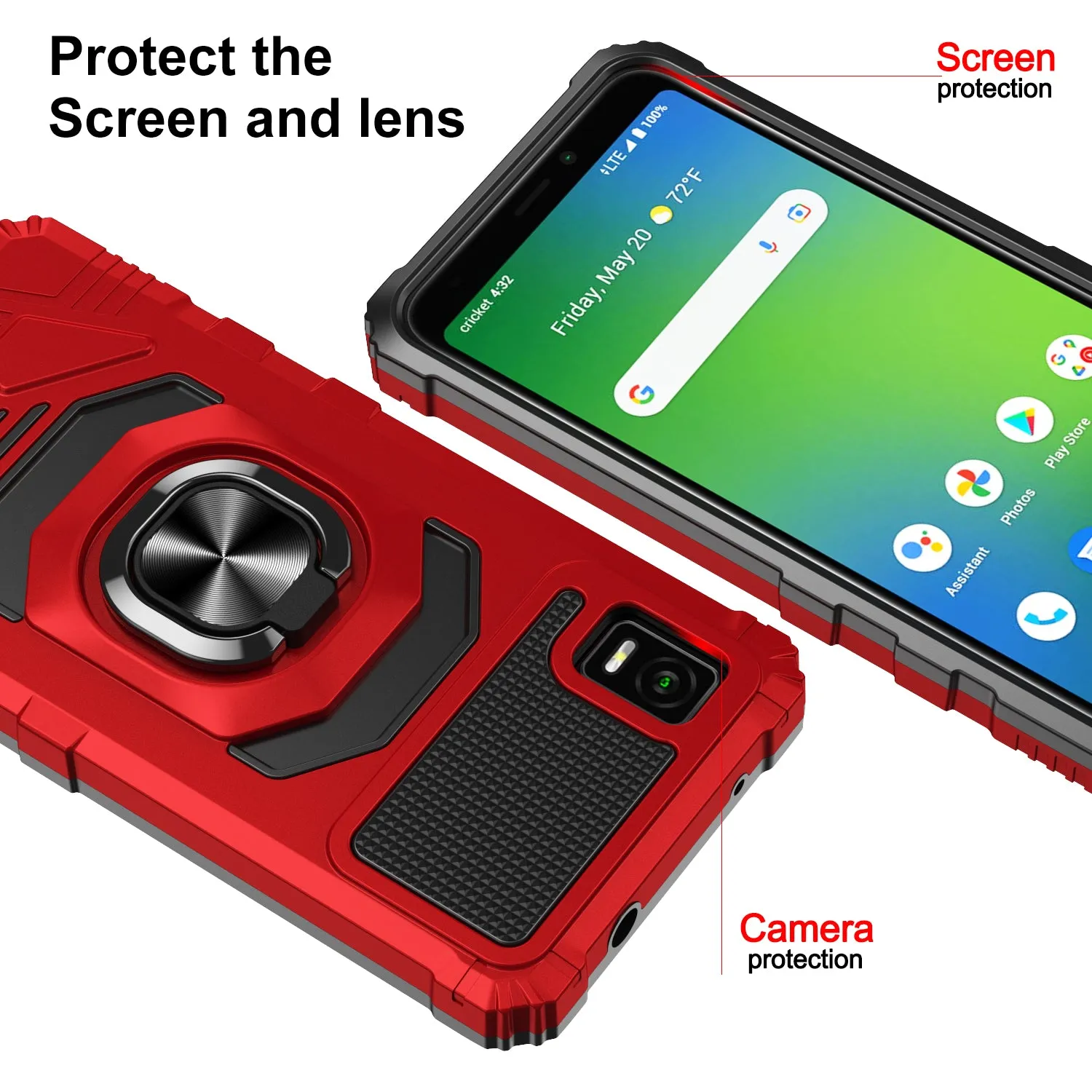 For Cricket Vision Plus Case [Military Grade] Ring Car Mount Kickstand w/[Tempered Glass] Hybrid Hard PC Soft TPU Shockproof Protective Case - Red