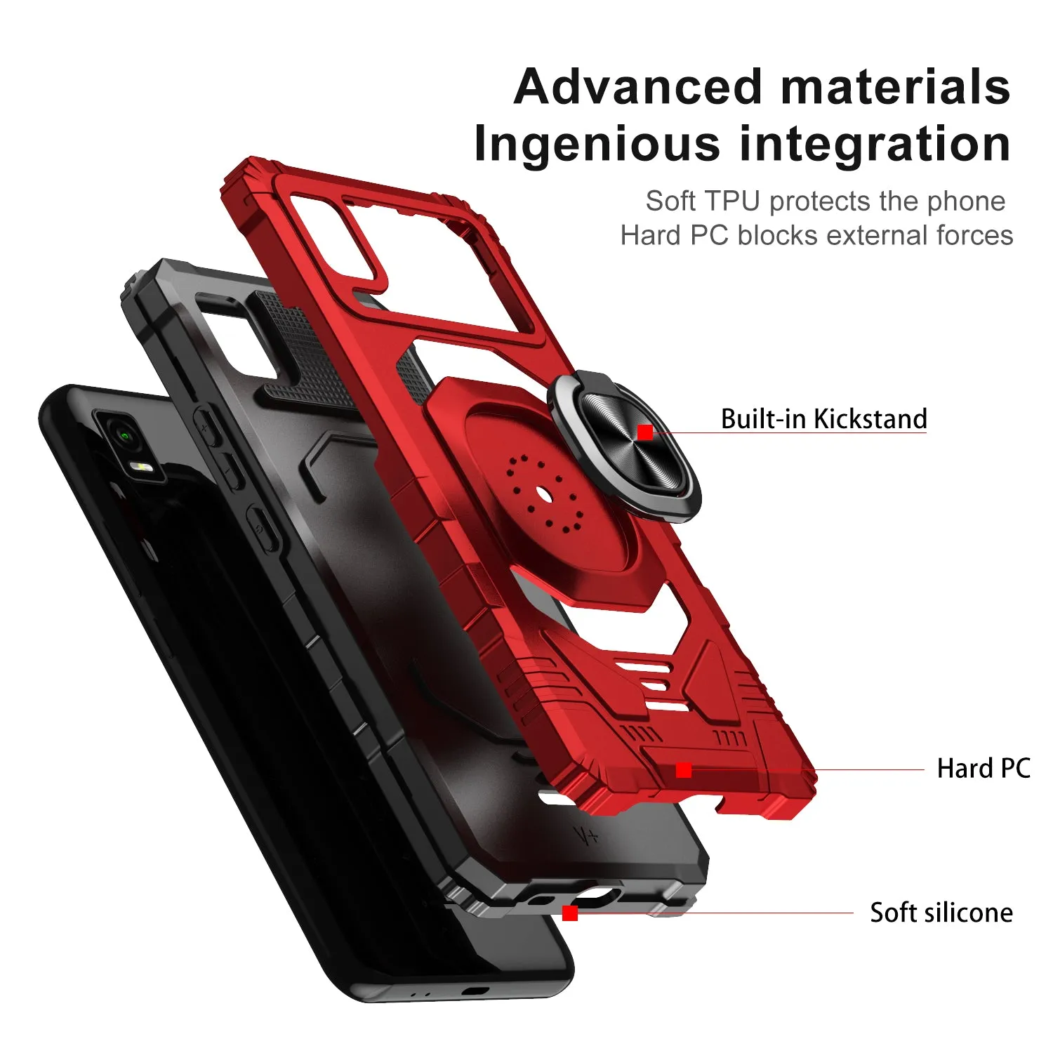 For Cricket Vision Plus Case [Military Grade] Ring Car Mount Kickstand w/[Tempered Glass] Hybrid Hard PC Soft TPU Shockproof Protective Case - Red