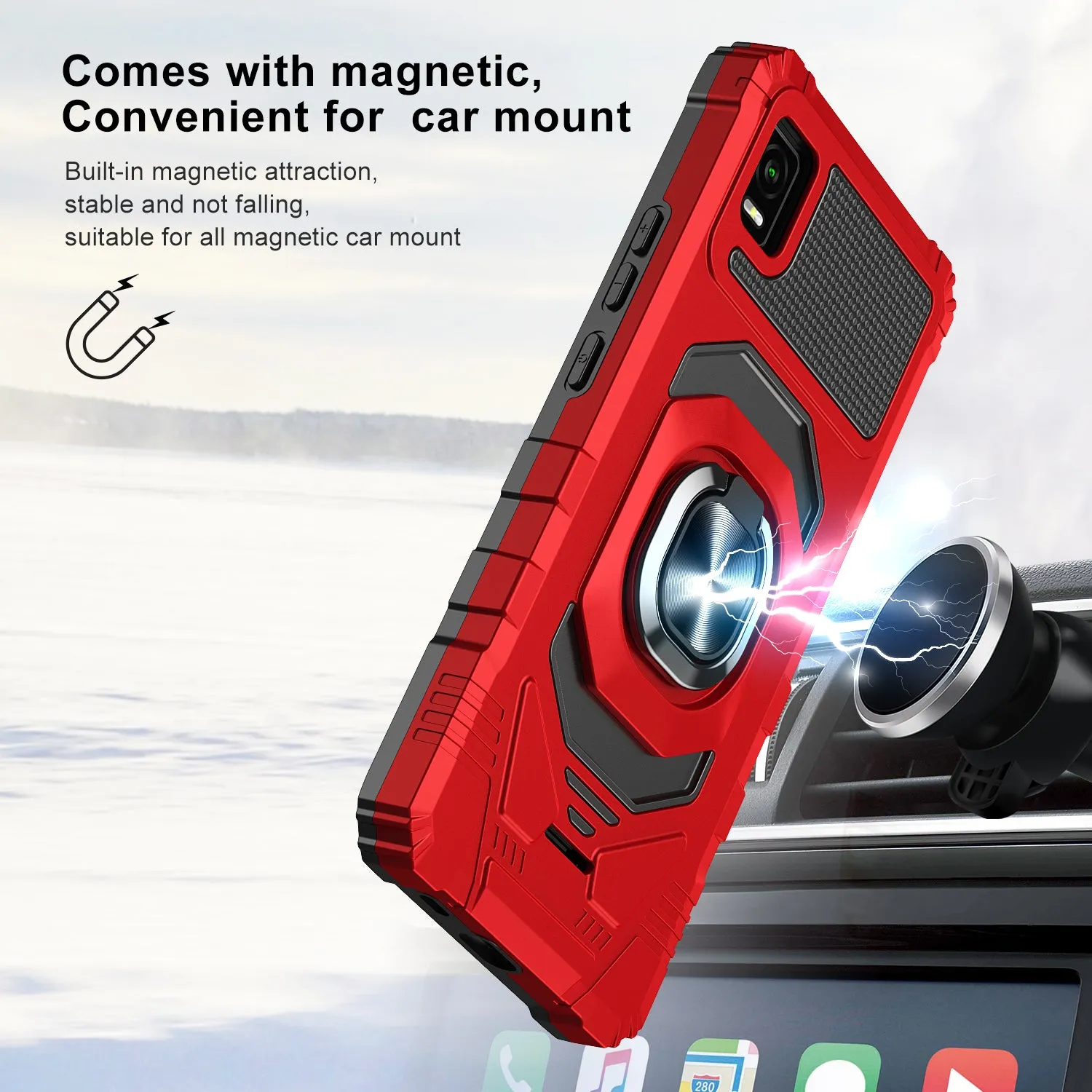 For Cricket Vision Plus Case [Military Grade] Ring Car Mount Kickstand w/[Tempered Glass] Hybrid Hard PC Soft TPU Shockproof Protective Case - Red