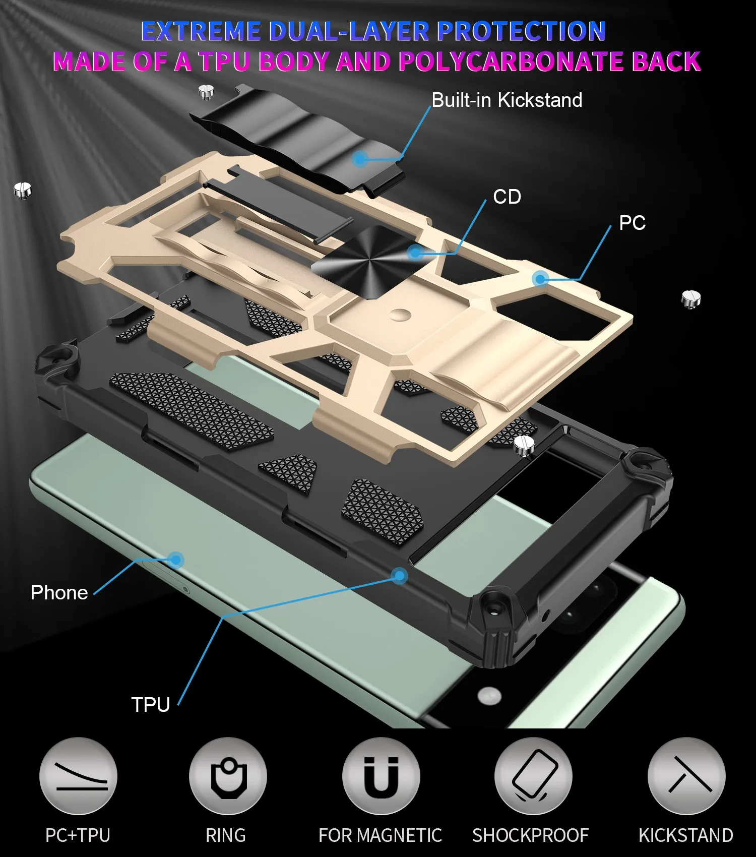 For Google Pixel 6A Case [Military Grade] Ring Car Mount Kickstand w/[Tempered Glass] Hybrid Hard PC Soft TPU Shockproof Protective Case - Gold
