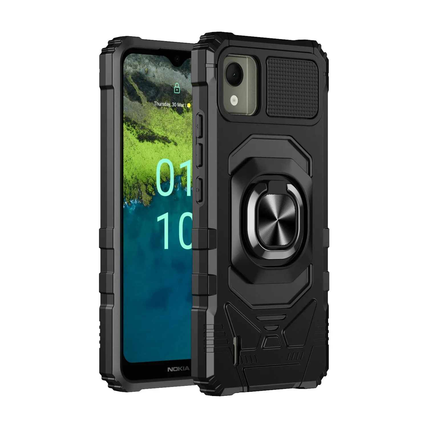 For Nokia C110 Case [Military Grade] Ring Car Mount Kickstand w/[Tempered Glass] Hybrid Hard PC Soft TPU Shockproof Protective Case - Black