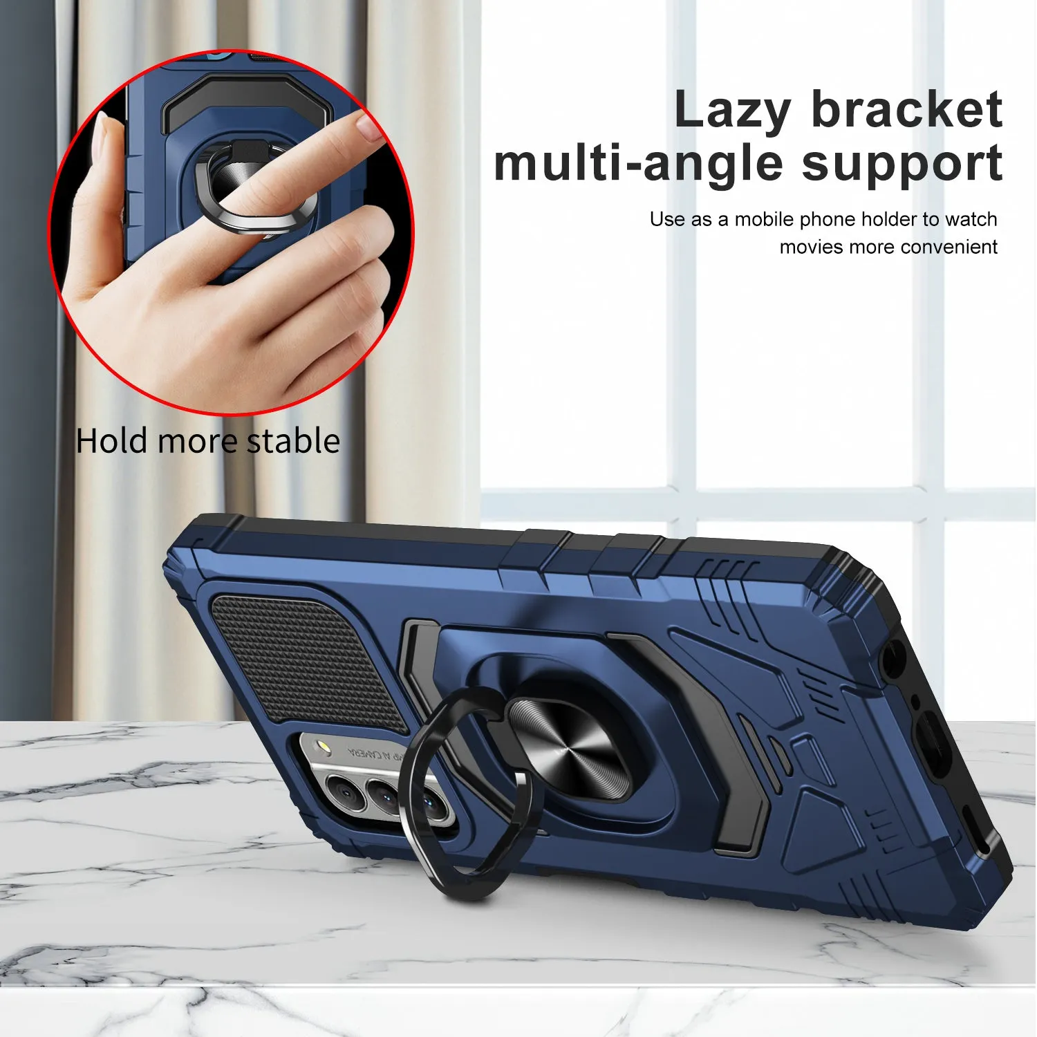 For Nokia C300 Case [Military Grade] Ring Car Mount Kickstand w/[Tempered Glass] Hybrid Hard PC Soft TPU Shockproof Protective Case - Blue