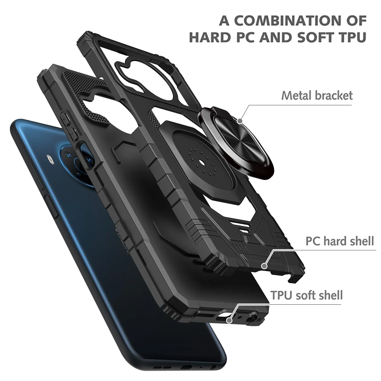 For Nokia X100 Case [Military Grade] Ring Car Mount Kickstand w/[Tempered Glass] Hybrid Hard PC Soft TPU Shockproof Protective Case - Black