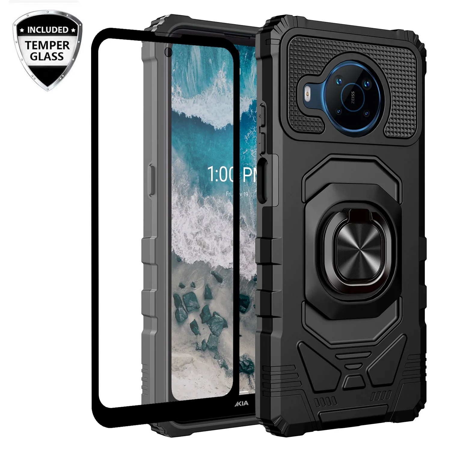 For Nokia X100 Case [Military Grade] Ring Car Mount Kickstand w/[Tempered Glass] Hybrid Hard PC Soft TPU Shockproof Protective Case - Black