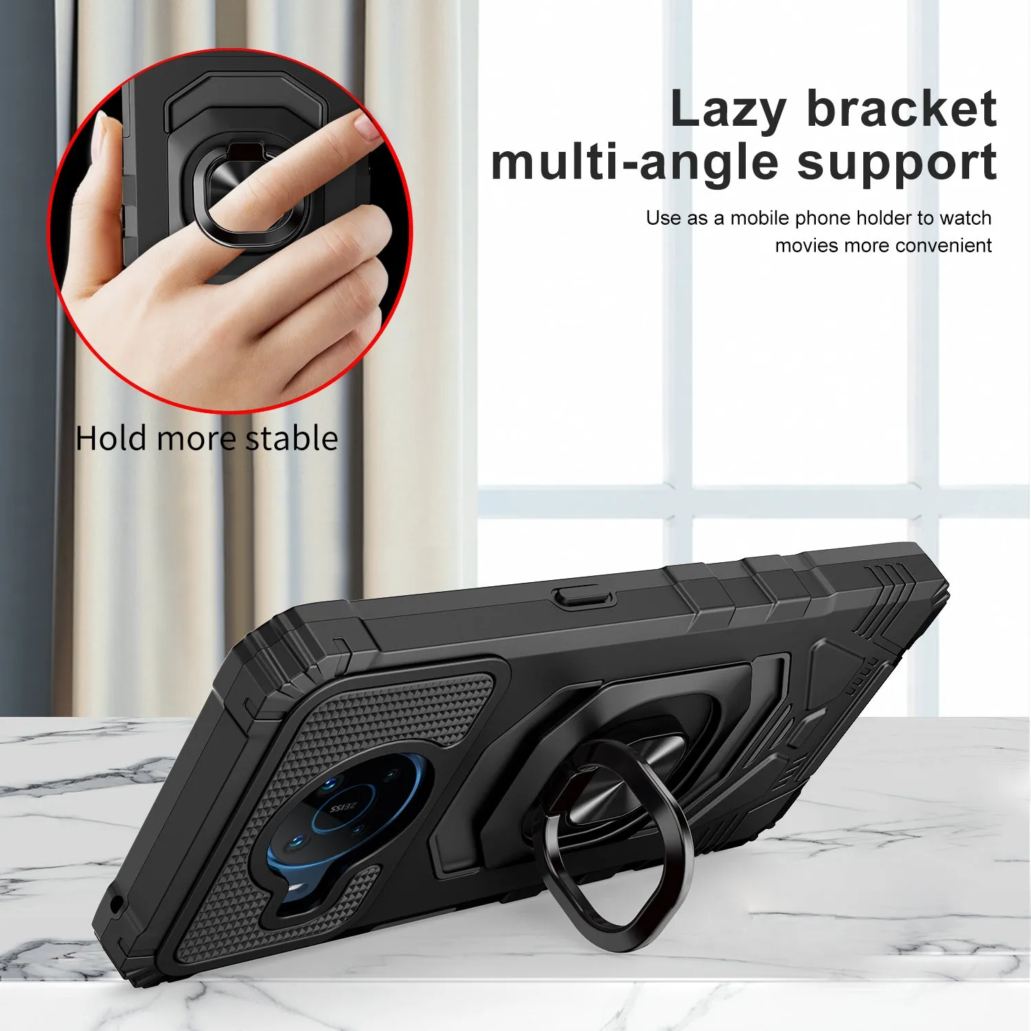 For Nokia X100 Case [Military Grade] Ring Car Mount Kickstand w/[Tempered Glass] Hybrid Hard PC Soft TPU Shockproof Protective Case - Black