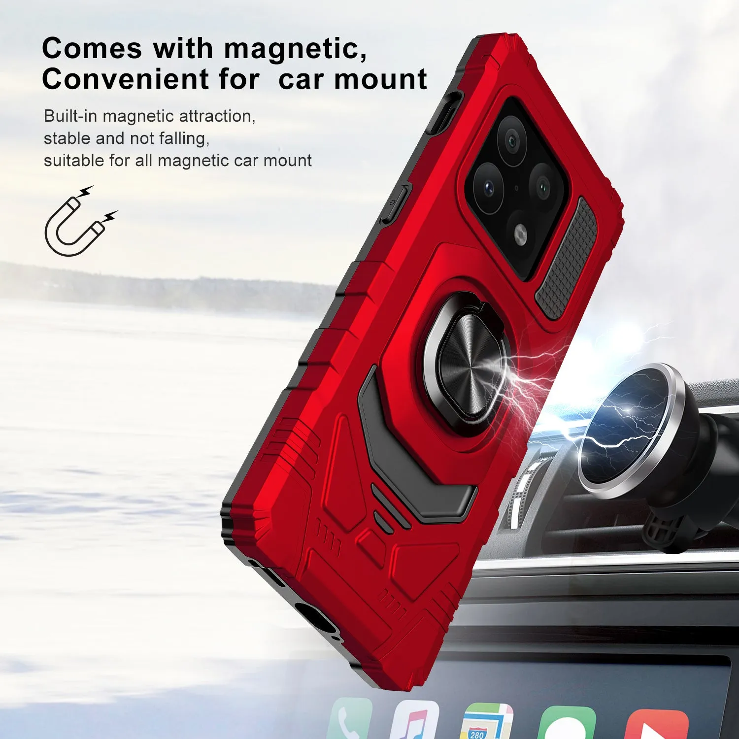 For OnePlus 10 Pro Case [Military Grade] Ring Car Mount Kickstand w/[Tempered Glass] Hybrid Hard PC Soft TPU Shockproof Protective Case - Red