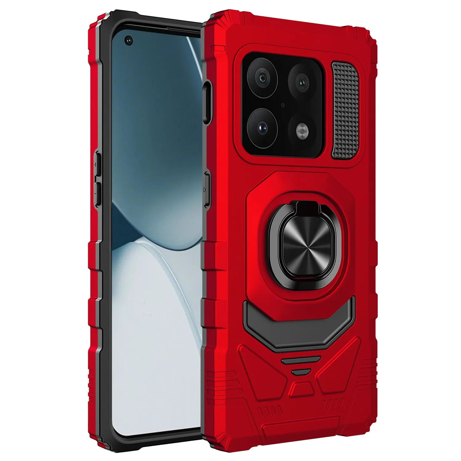 For OnePlus 10 Pro Case [Military Grade] Ring Car Mount Kickstand w/[Tempered Glass] Hybrid Hard PC Soft TPU Shockproof Protective Case - Red