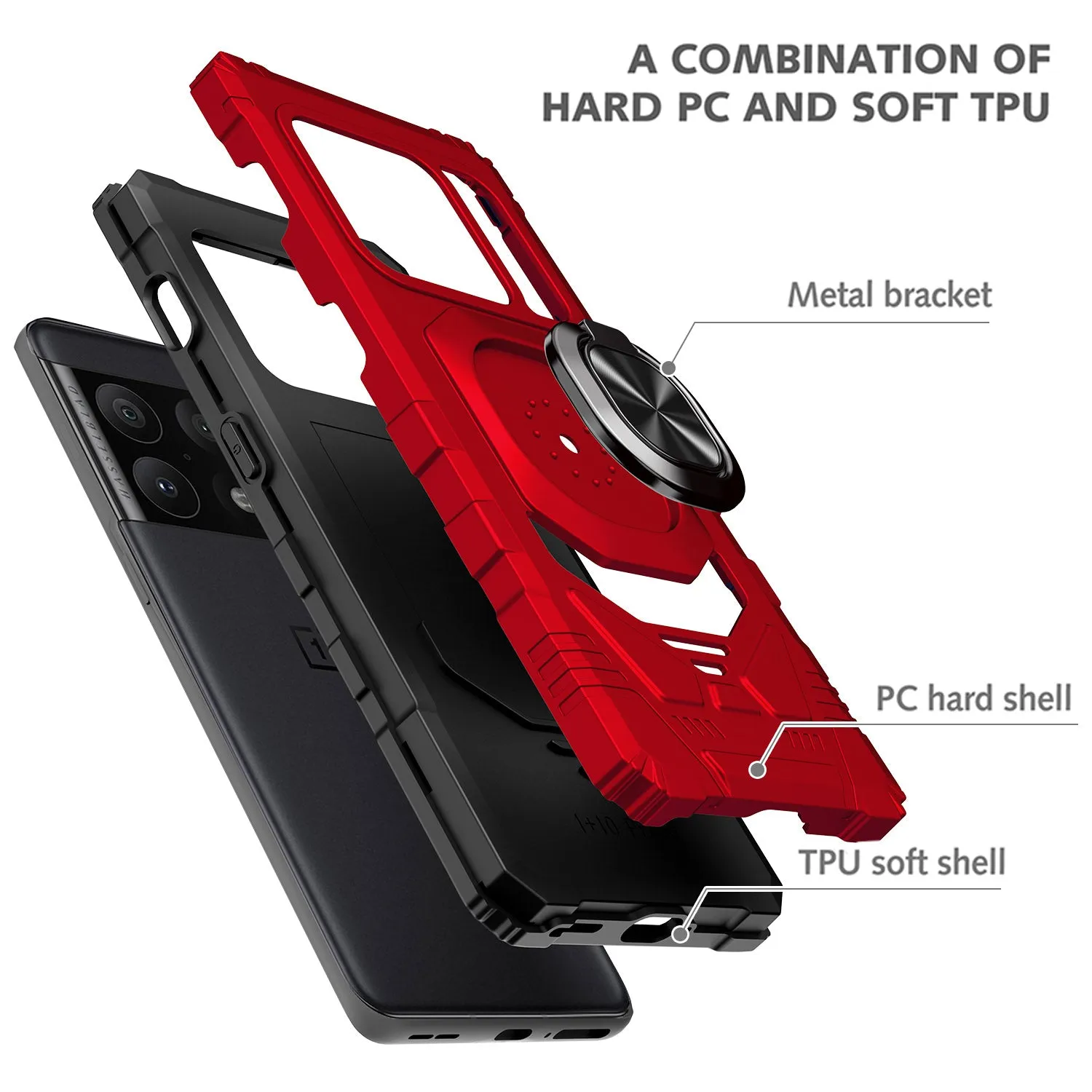 For OnePlus 10 Pro Case [Military Grade] Ring Car Mount Kickstand w/[Tempered Glass] Hybrid Hard PC Soft TPU Shockproof Protective Case - Red