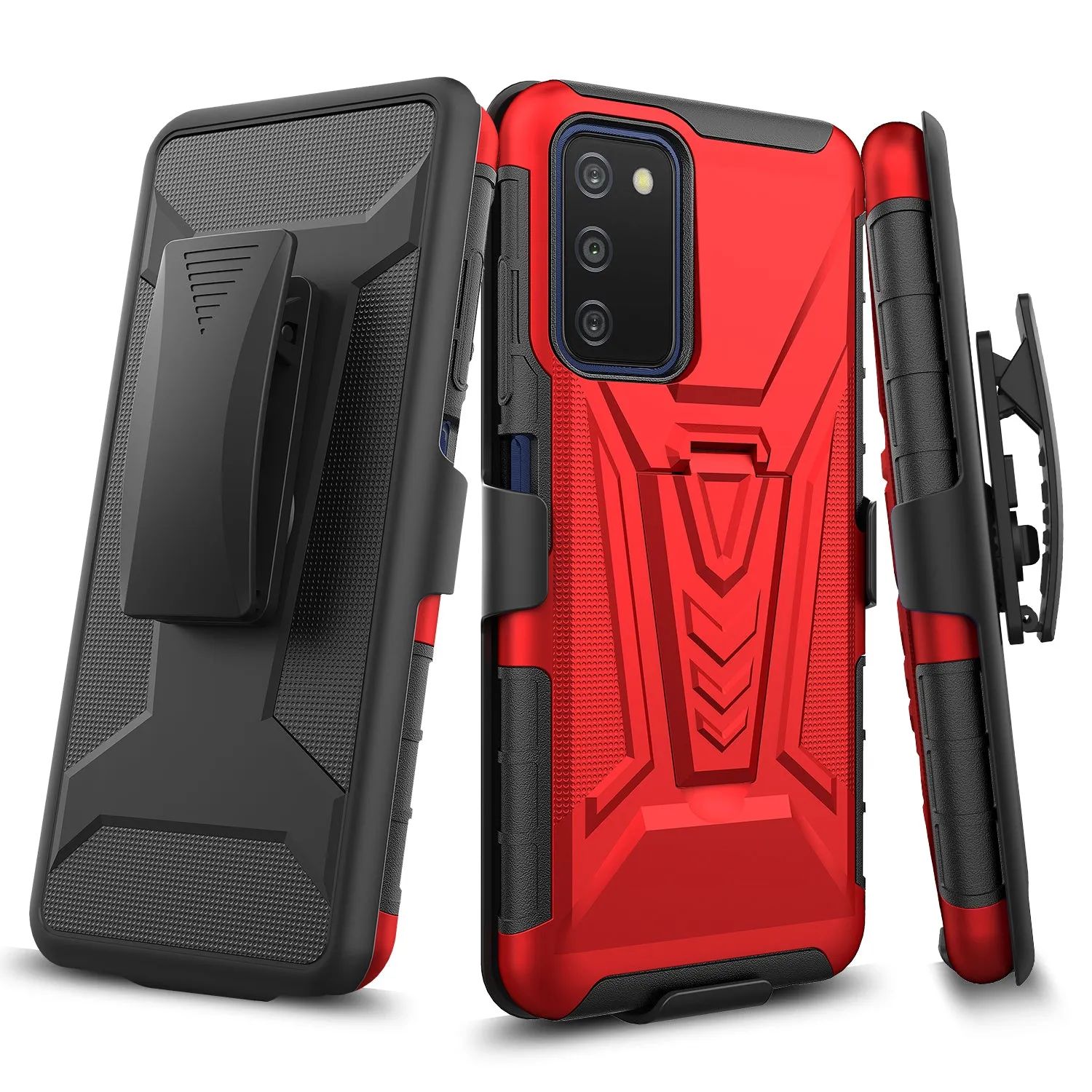 For Samsung Galaxy A03s Case with Tempered Glass Screen Protector Heavy Duty Protective Phone Case,Built-in Kickstand Rugged Shockproof Protective Phone Case - Red