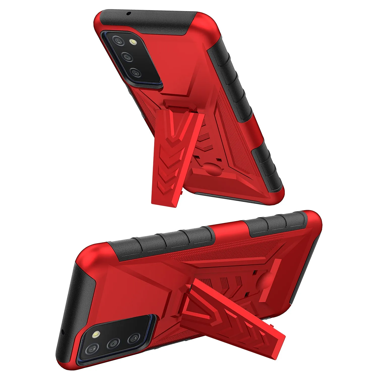 For Samsung Galaxy A03s Case with Tempered Glass Screen Protector Heavy Duty Protective Phone Case,Built-in Kickstand Rugged Shockproof Protective Phone Case - Red