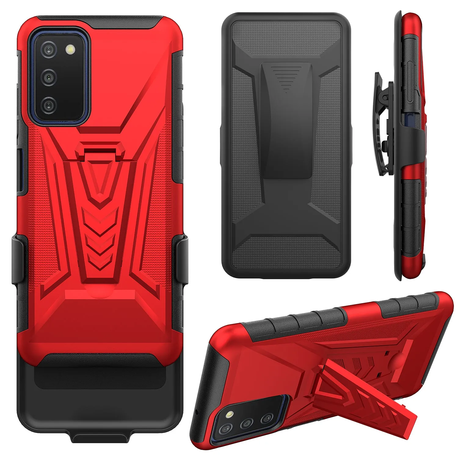 For Samsung Galaxy A03s Case with Tempered Glass Screen Protector Heavy Duty Protective Phone Case,Built-in Kickstand Rugged Shockproof Protective Phone Case - Red