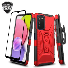 For Samsung Galaxy A03s Case with Tempered Glass Screen Protector Heavy Duty Protective Phone Case,Built-in Kickstand Rugged Shockproof Protective Phone Case - Red