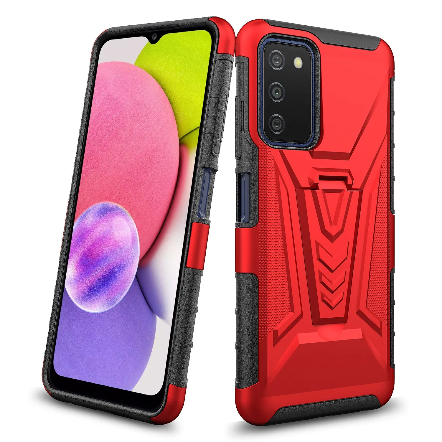 For Samsung Galaxy A03s Case with Tempered Glass Screen Protector Heavy Duty Protective Phone Case,Built-in Kickstand Rugged Shockproof Protective Phone Case - Red