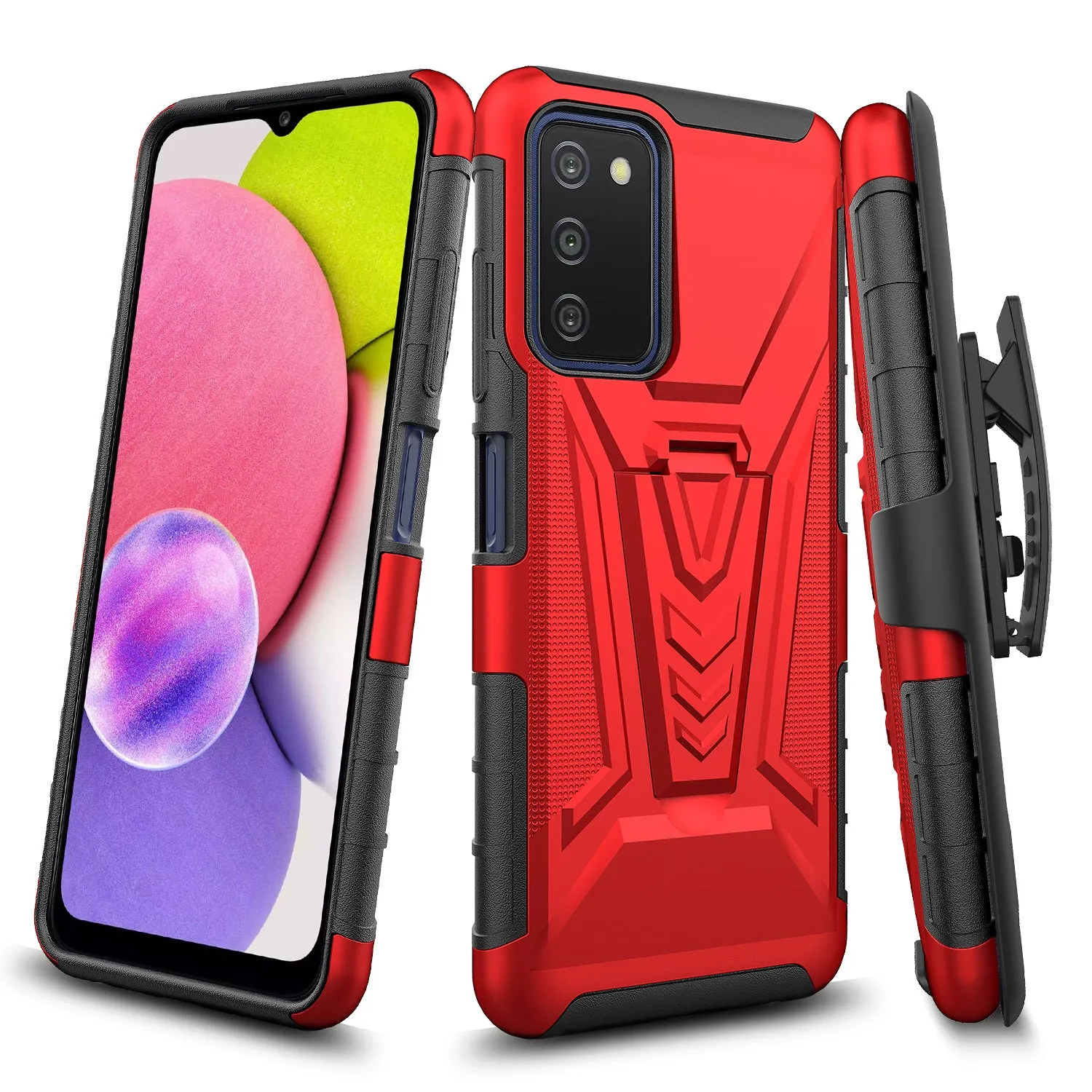 For Samsung Galaxy A03s Case with Tempered Glass Screen Protector Heavy Duty Protective Phone Case,Built-in Kickstand Rugged Shockproof Protective Phone Case - Red