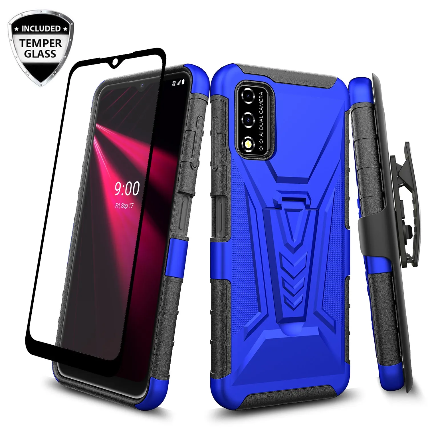 For T-Mobile REVVL V Case with Tempered Glass Screen Protector Heavy Duty Protective Phone Case,Built-in Kickstand Rugged Shockproof Protective Phone Case - Blue