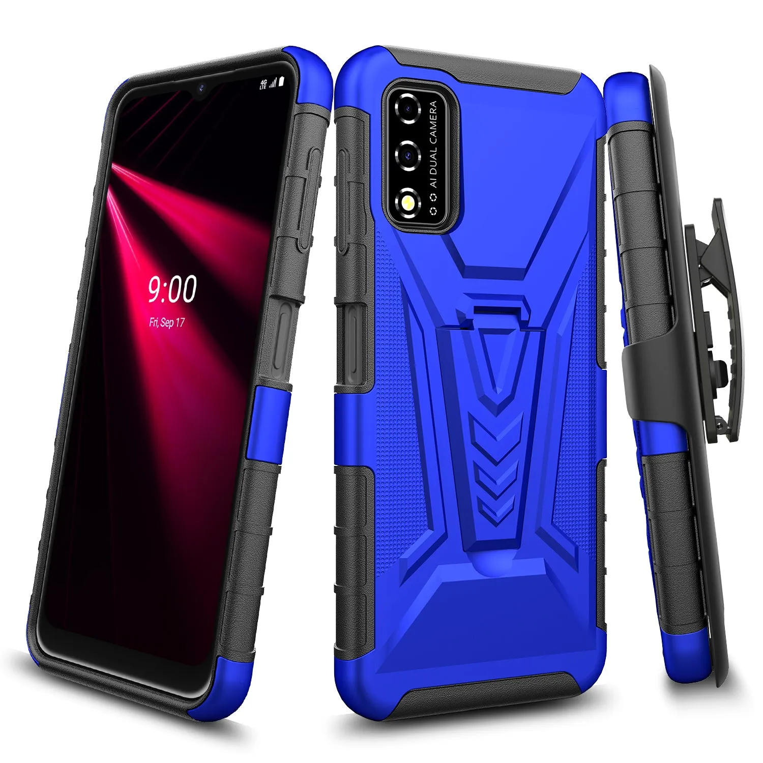 For T-Mobile REVVL V Case with Tempered Glass Screen Protector Heavy Duty Protective Phone Case,Built-in Kickstand Rugged Shockproof Protective Phone Case - Blue