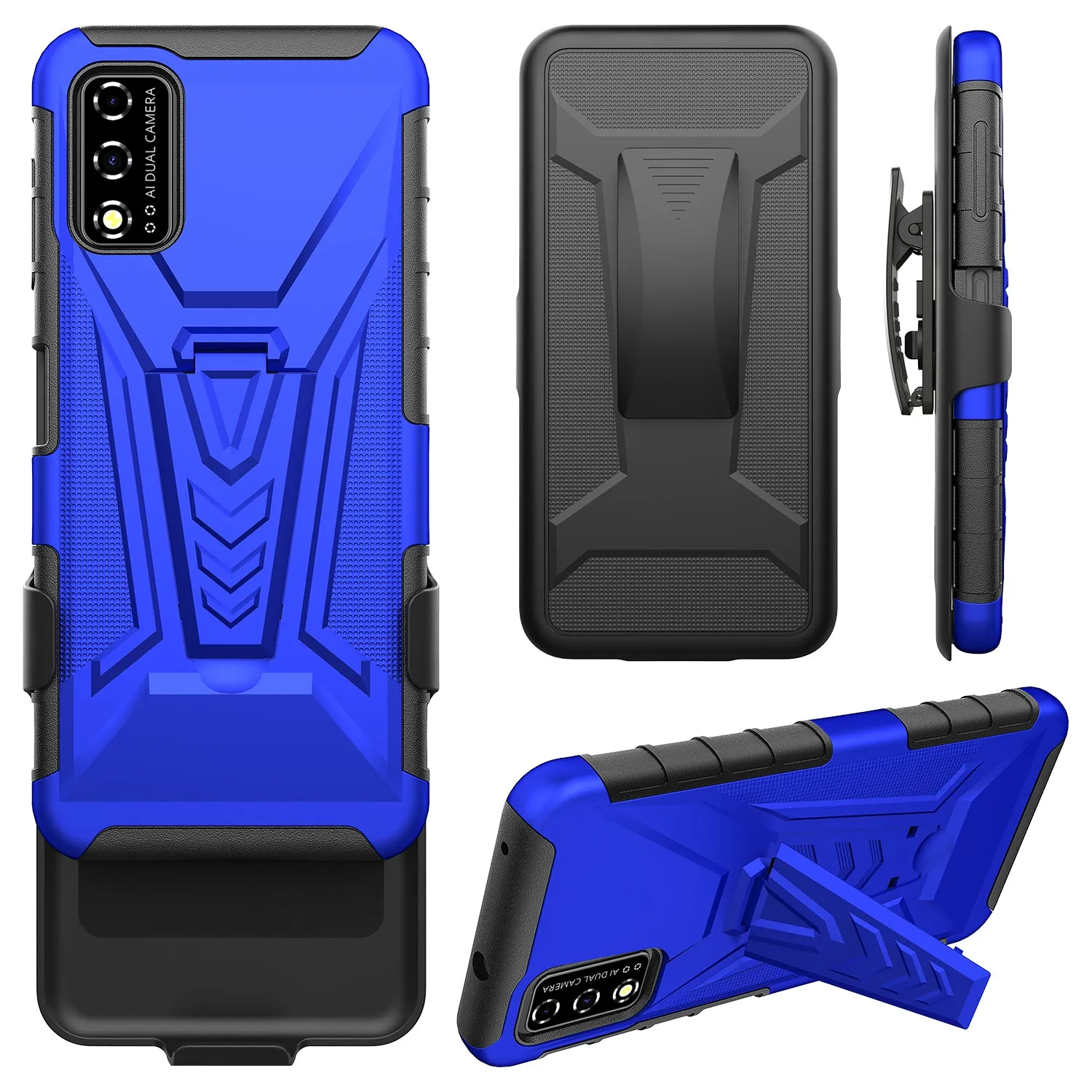 For T-Mobile REVVL V Case with Tempered Glass Screen Protector Heavy Duty Protective Phone Case,Built-in Kickstand Rugged Shockproof Protective Phone Case - Blue