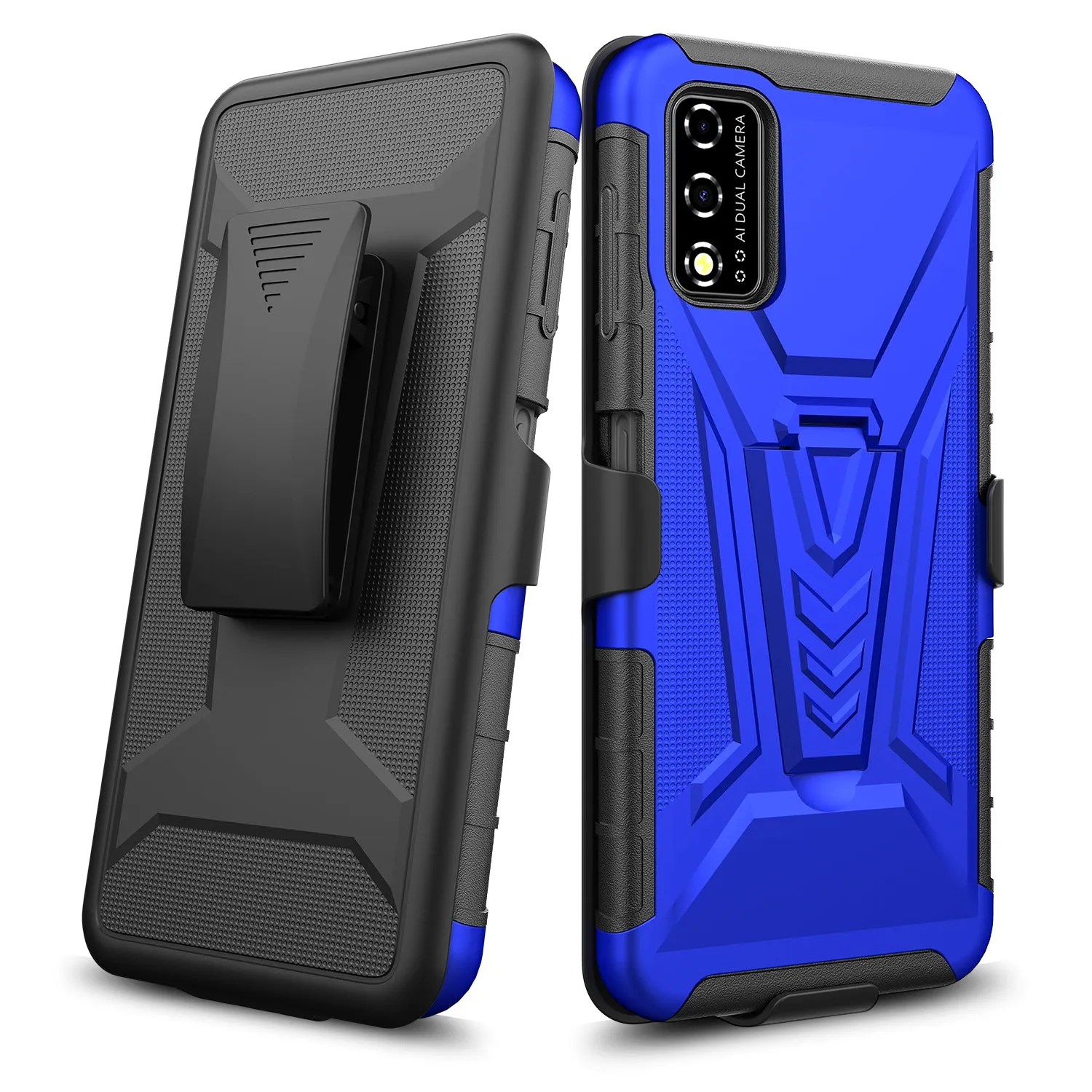 For T-Mobile REVVL V Case with Tempered Glass Screen Protector Heavy Duty Protective Phone Case,Built-in Kickstand Rugged Shockproof Protective Phone Case - Blue