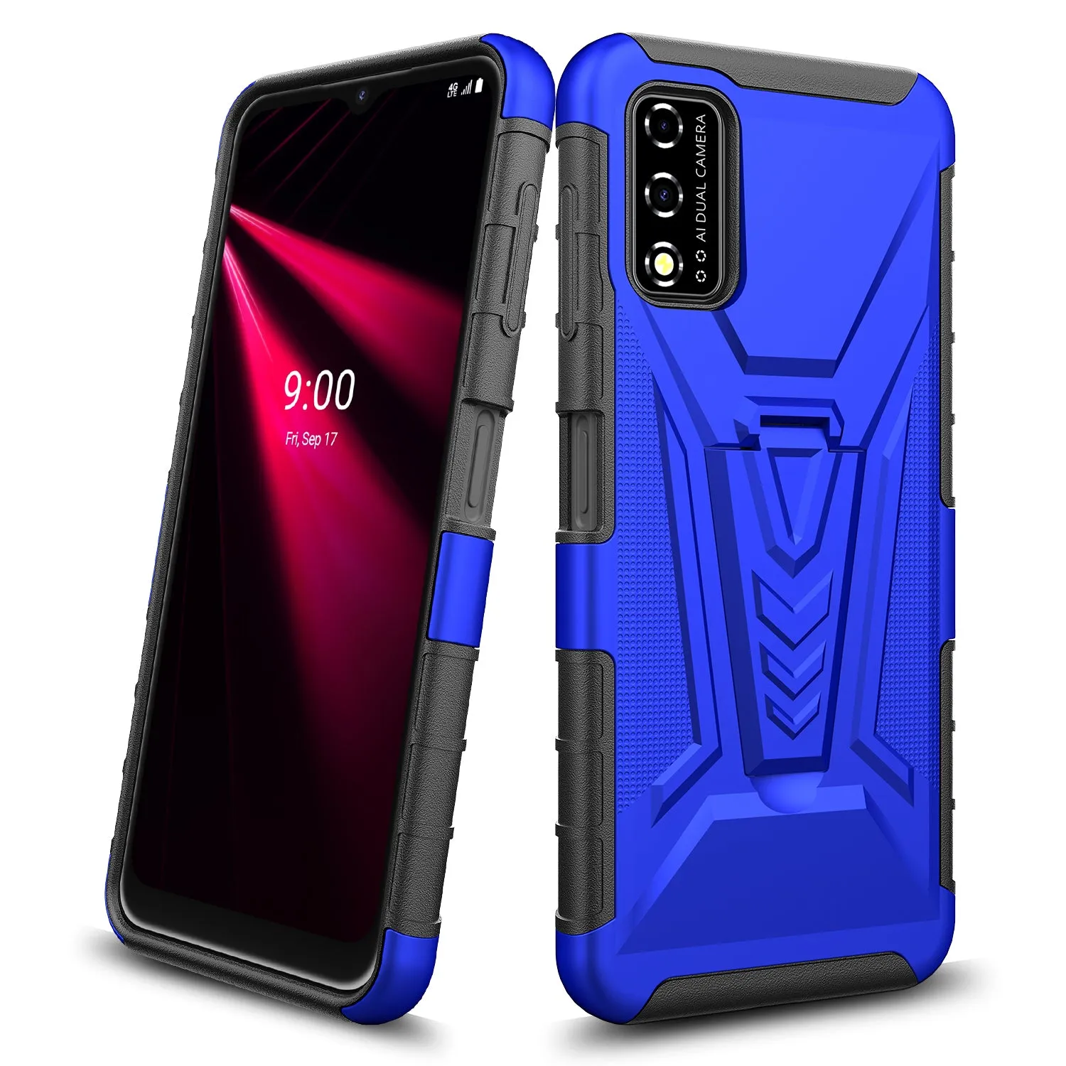 For T-Mobile REVVL V Case with Tempered Glass Screen Protector Heavy Duty Protective Phone Case,Built-in Kickstand Rugged Shockproof Protective Phone Case - Blue