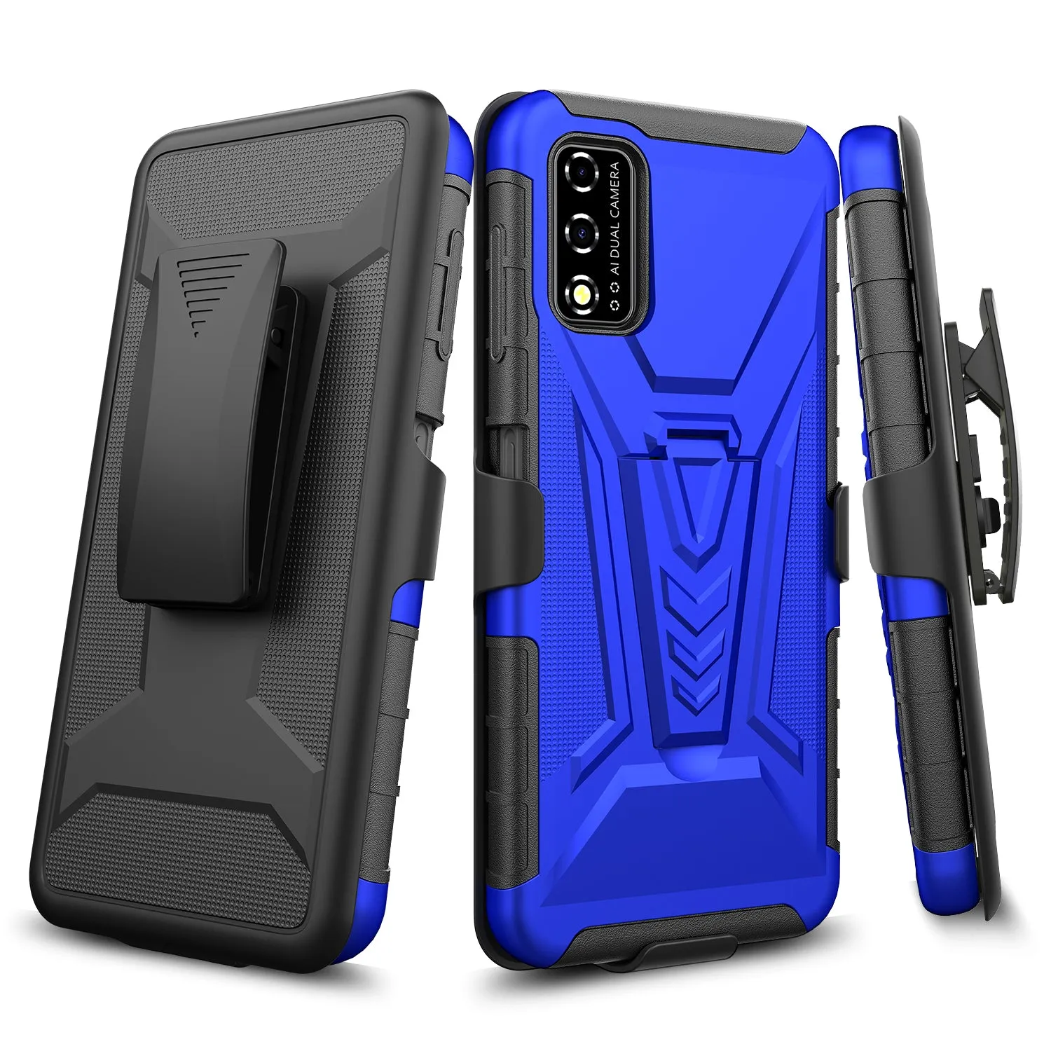 For T-Mobile REVVL V Case with Tempered Glass Screen Protector Heavy Duty Protective Phone Case,Built-in Kickstand Rugged Shockproof Protective Phone Case - Blue