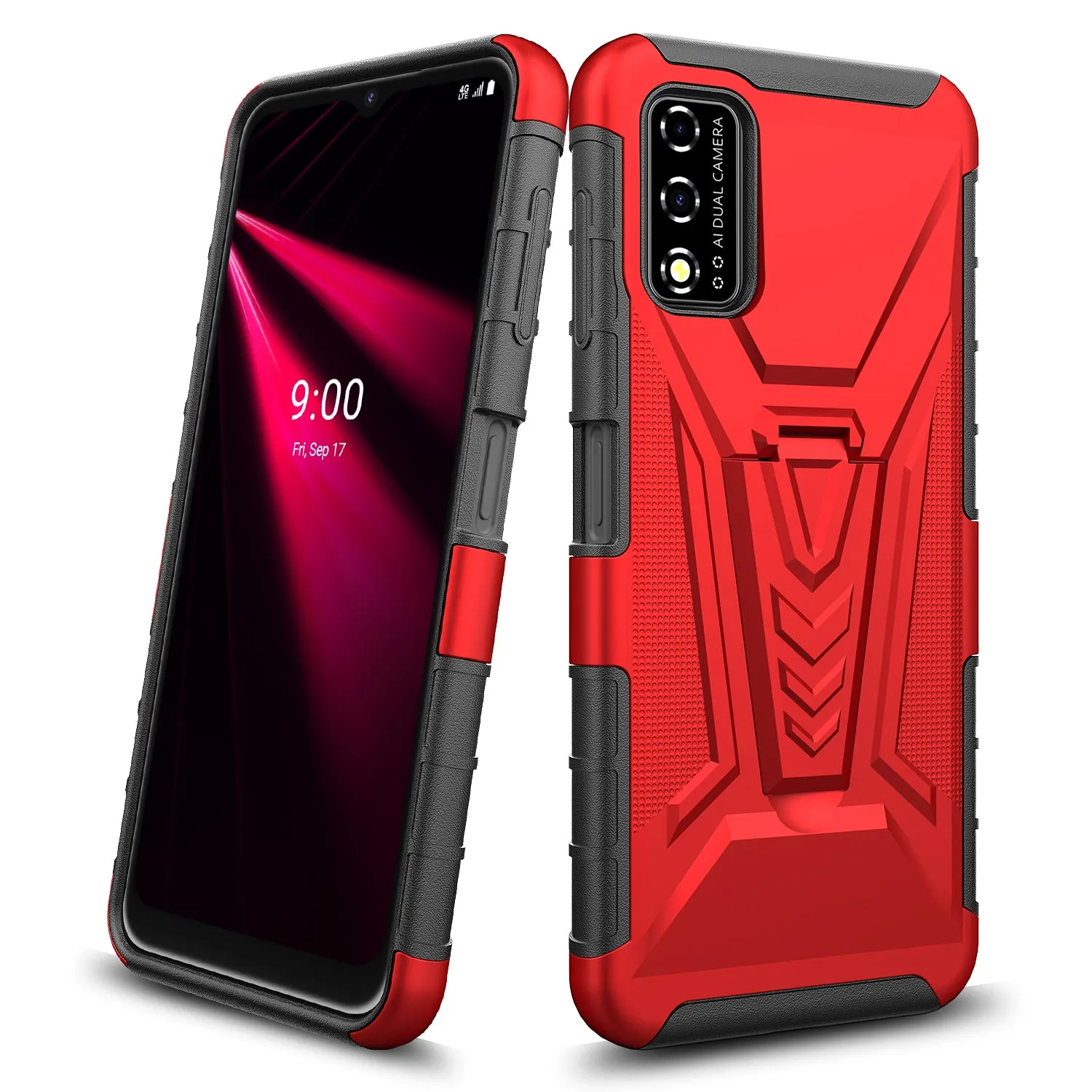 For T-Mobile REVVL V Case with Tempered Glass Screen Protector Heavy Duty Protective Phone Case,Built-in Kickstand Rugged Shockproof Protective Phone Case - Red