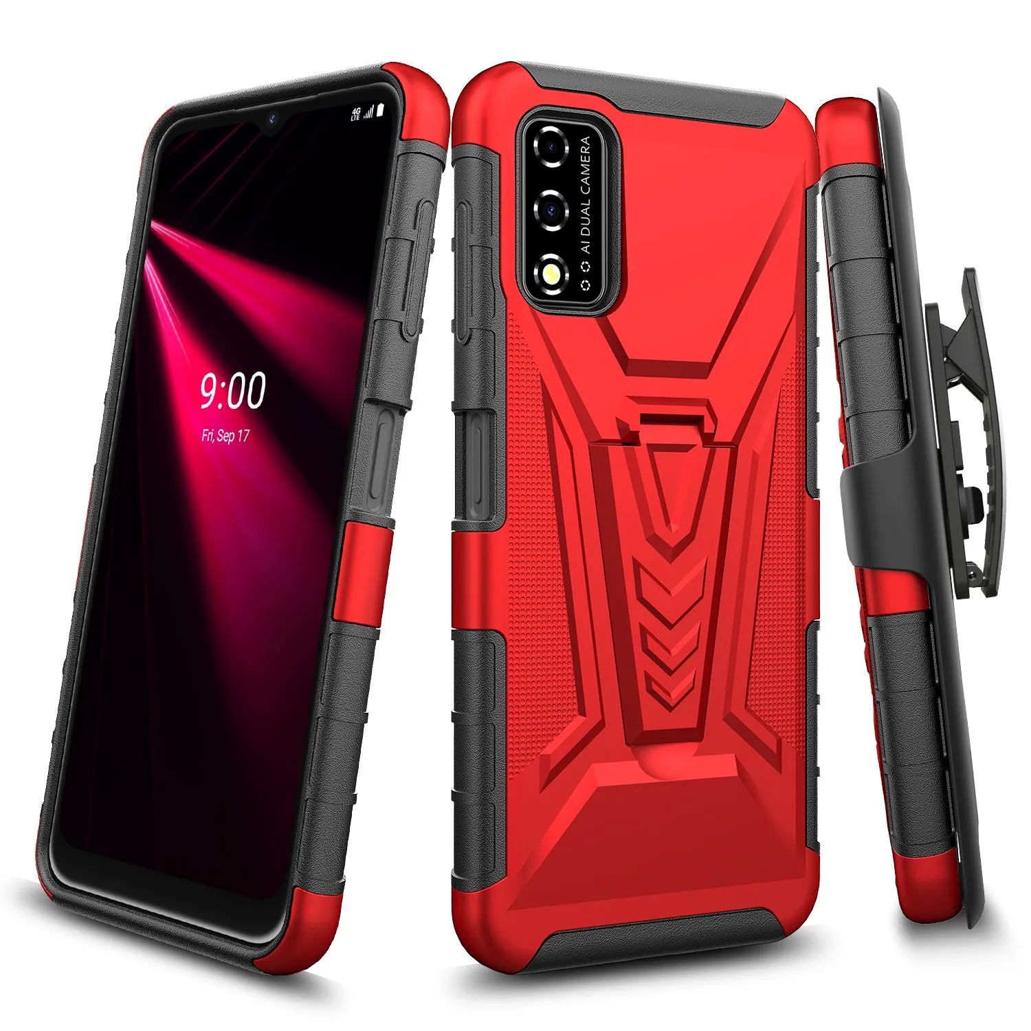 For T-Mobile REVVL V Case with Tempered Glass Screen Protector Heavy Duty Protective Phone Case,Built-in Kickstand Rugged Shockproof Protective Phone Case - Red