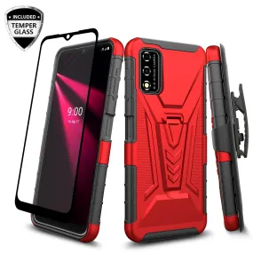 For T-Mobile REVVL V Case with Tempered Glass Screen Protector Heavy Duty Protective Phone Case,Built-in Kickstand Rugged Shockproof Protective Phone Case - Red