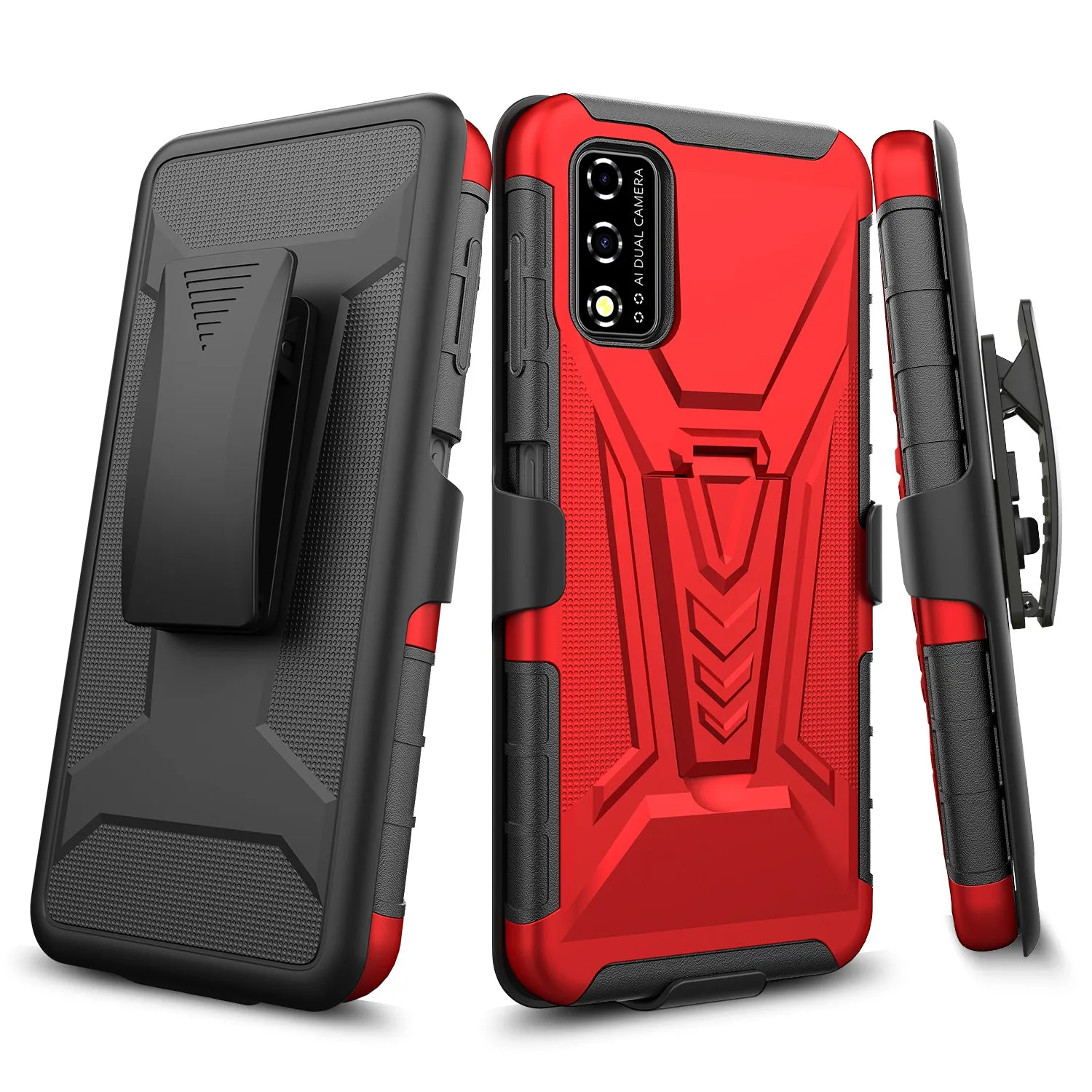 For T-Mobile REVVL V Case with Tempered Glass Screen Protector Heavy Duty Protective Phone Case,Built-in Kickstand Rugged Shockproof Protective Phone Case - Red