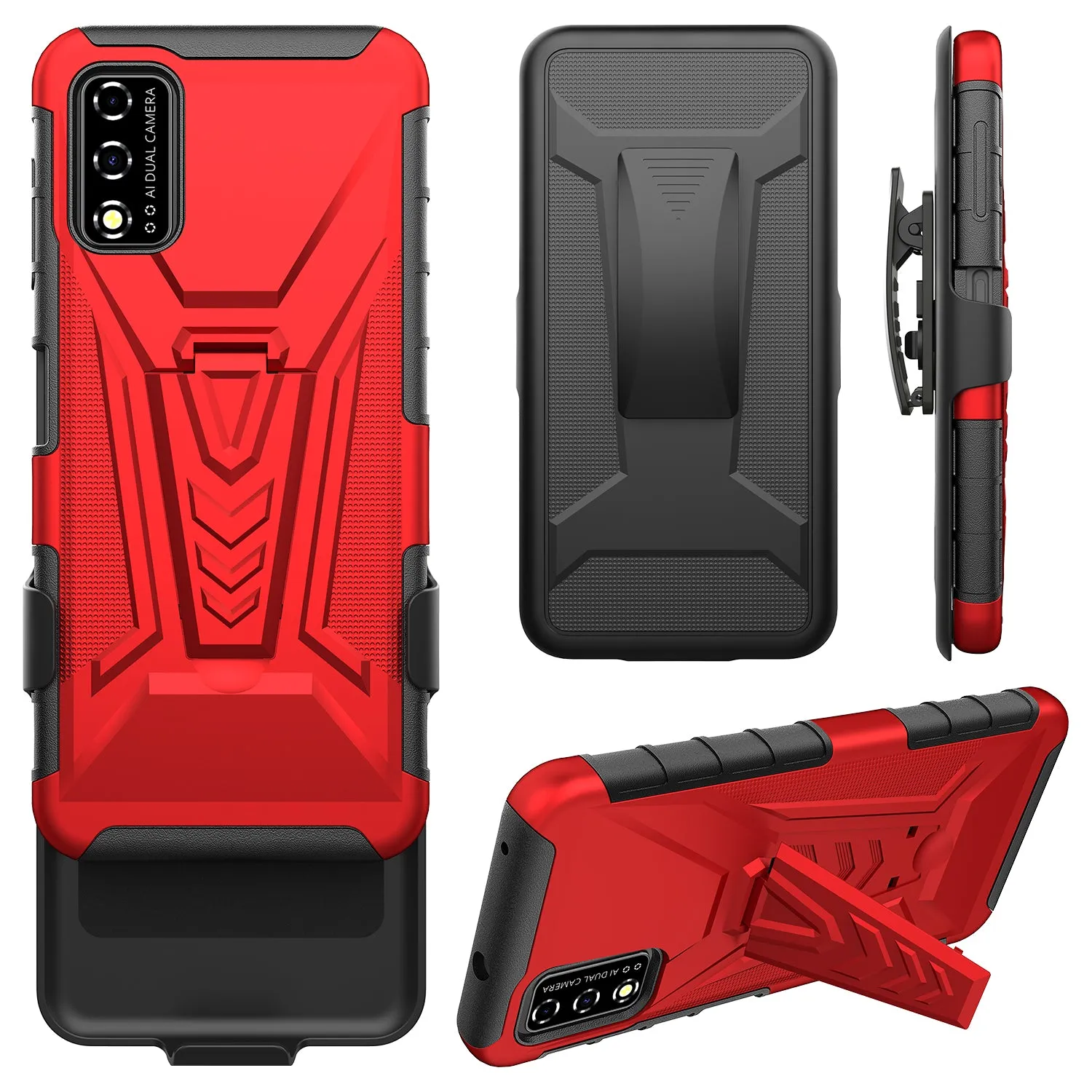 For T-Mobile REVVL V Case with Tempered Glass Screen Protector Heavy Duty Protective Phone Case,Built-in Kickstand Rugged Shockproof Protective Phone Case - Red