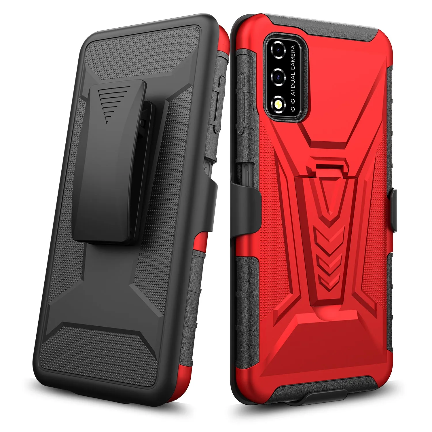 For T-Mobile REVVL V Case with Tempered Glass Screen Protector Heavy Duty Protective Phone Case,Built-in Kickstand Rugged Shockproof Protective Phone Case - Red