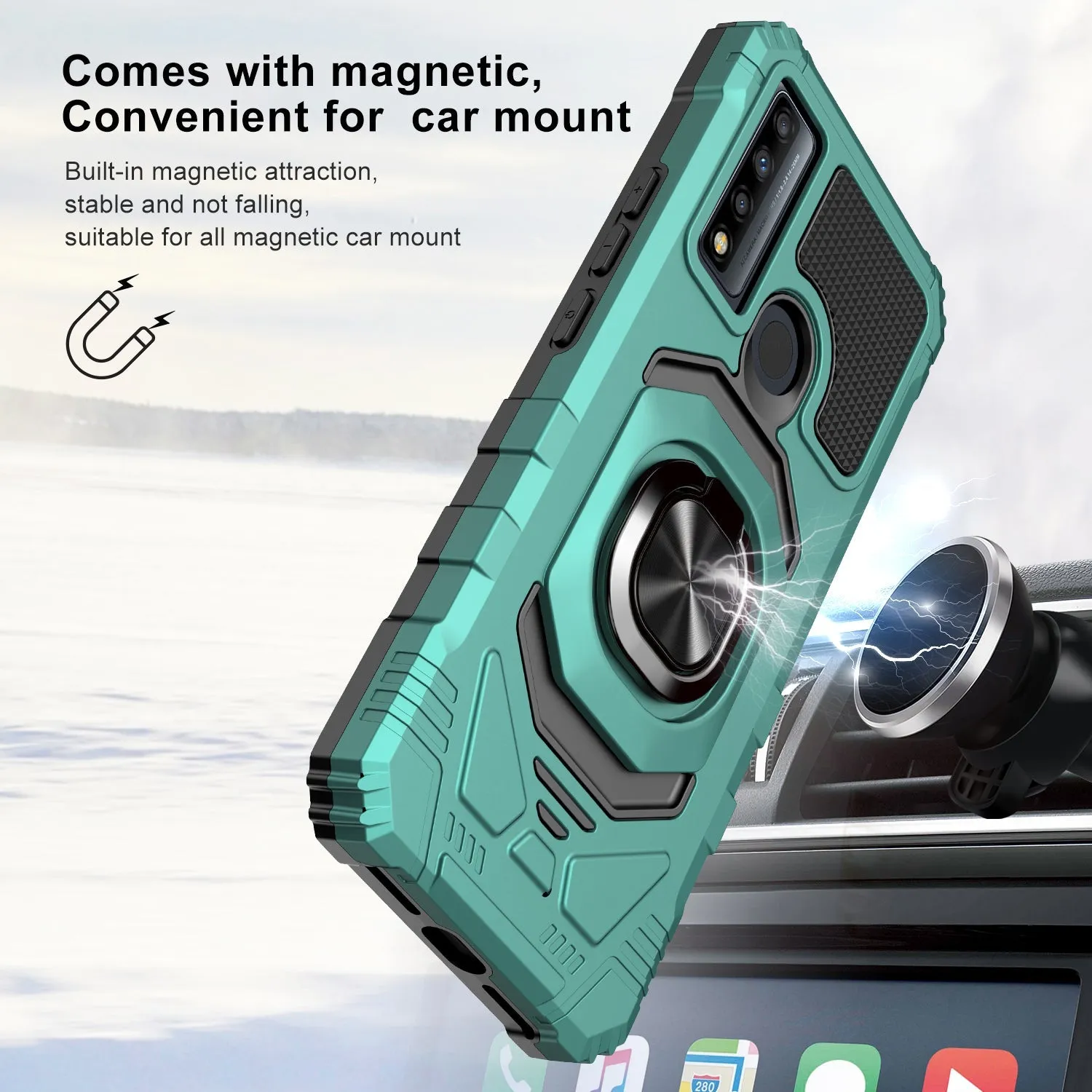 For TCL 20 A 5G / 4X 5G Case [Military Grade] Ring Car Mount Kickstand w/[Tempered Glass] Hybrid Hard PC Soft TPU Shockproof Protective Case - Teal