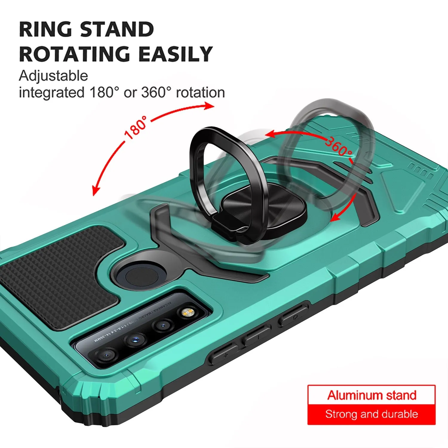 For TCL 20 A 5G / 4X 5G Case [Military Grade] Ring Car Mount Kickstand w/[Tempered Glass] Hybrid Hard PC Soft TPU Shockproof Protective Case - Teal