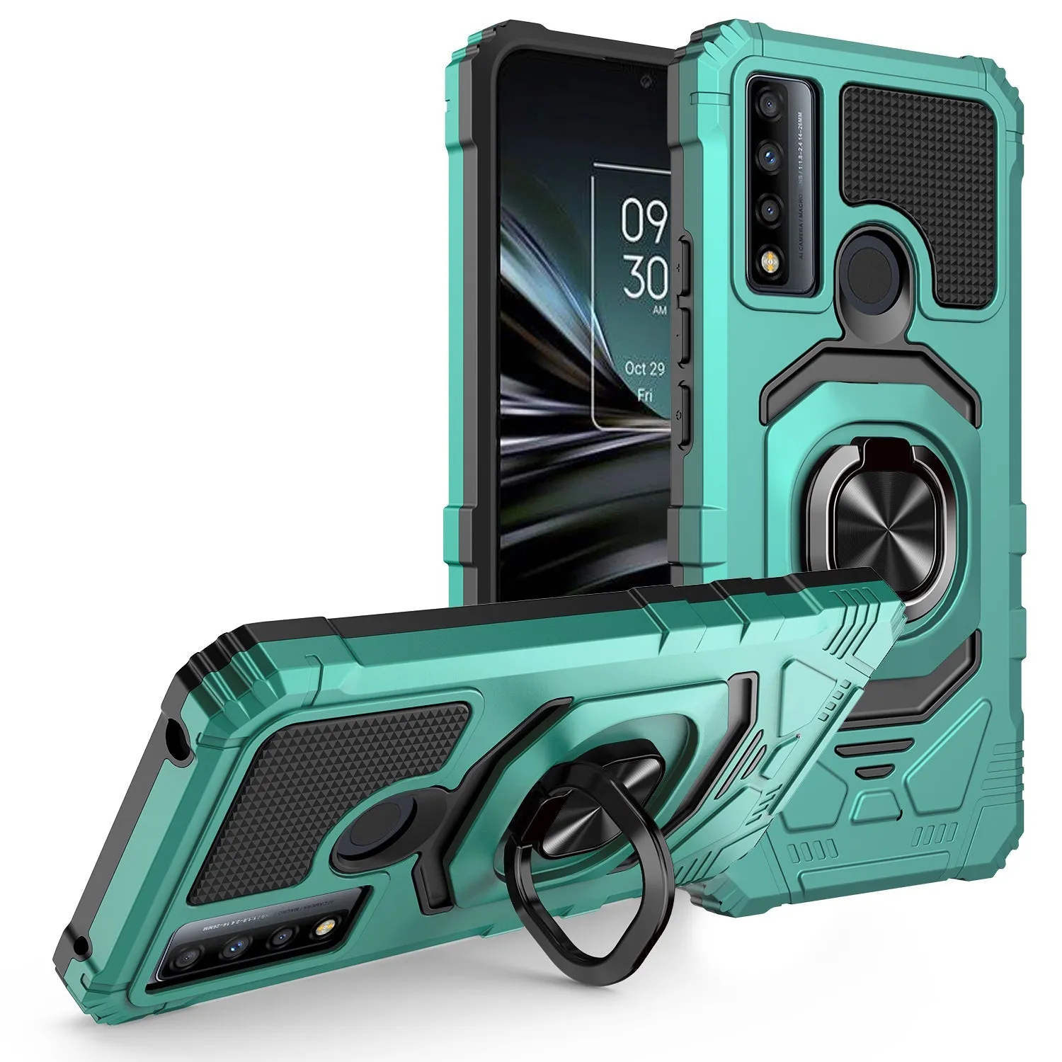 For TCL 20 A 5G / 4X 5G Case [Military Grade] Ring Car Mount Kickstand w/[Tempered Glass] Hybrid Hard PC Soft TPU Shockproof Protective Case - Teal